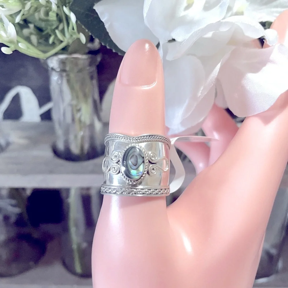 New Gorgeous 925 Silver Abalone Bali-Style Filigree Ring